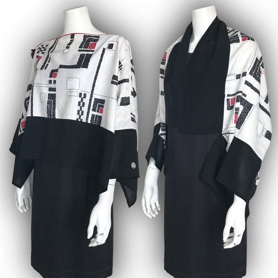 2 Way Origami Blouse Shrug Jacket Japanese Kimono Re Make Up Cycled Two Tone White Black Red Geometric Plaid Pattern