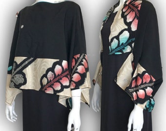 2-Way Origami Blouse Shrug Jacket/ Japanese Kimono Re-make/ Up-cycled - Two-Tone/ Black, Blue & Salmon Pink Large Wisteria Tie-Die