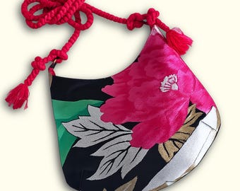Vintage Kimono Obi Crossbody Bag, Japanese Silk Handbag, One of a Kind Statement Bag, Floral Evening Purse, Upcycled Obi Bag