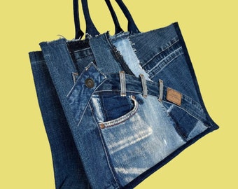 Upcycled Old Jeans Tote Bag, Jeans Patched Book Tote, Recycled Old Jeans Book Tote Bag, Denim Tote