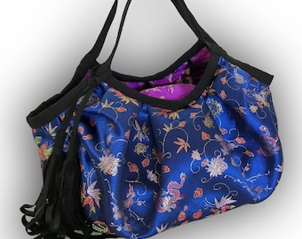 Chinese Satin Brocade Reversible Oriental Granny Bag with Black Tassel & Zipper Pouch - Purple/ Blue