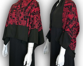 Clearance Final Sale. Upcycled Japanese Kimono – 2-Way Origami Shrug Blouse | Rare & Unique, Two-Tone Shadow Landscape Pattern