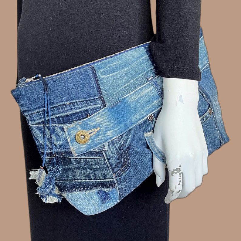 5-Way Fanny Pack/ Hip Bag/ Waist Bag/ Clutch/ Shoulder Bag Recycled Old Jeans Patchwork Handmade Bag. Upcycled Unique Denim Bag. image 7