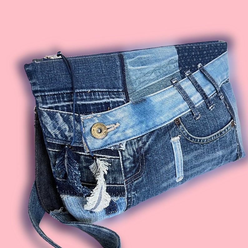 5-Way Fanny Pack/ Hip Bag/ Waist Bag/ Clutch/ Shoulder Bag Recycled Old Jeans Patchwork Handmade Bag. Upcycled Unique Denim Bag. image 1