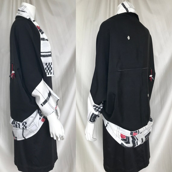 2 Way Origami Blouse Shrug Jacket Japanese Kimono Re Make Up Cycled Two Tone White Black Red Geometric Plaid Pattern Family Crest