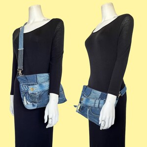5-Way Fanny Pack/ Hip Bag/ Waist Bag/ Clutch/ Shoulder Bag Recycled Old Jeans Patchwork Handmade Bag. Upcycled Unique Denim Bag. image 4