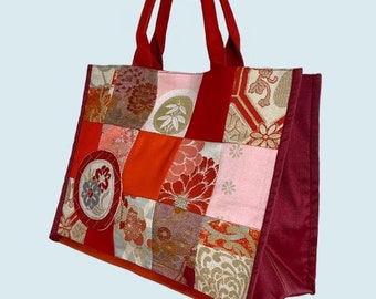 Kawaii!! Recycled Japanese Vintage Brocade Obi Patchwork Book Tote Style Bag - Orange, Pink, Red/ Multi Color