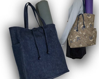 ndigo Denim Reversible Large Yoga Mat Tote Style Bag/ Pilates Mat Bag/ Beach Tote/ Shopping Bag/ Weekender Bag/ Travel Tote