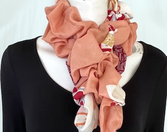 Japanese Vintage Kimono Two-Tone Tucked Scarf/ 100% Silk Kimono Re-create/ Upcycled - Rare & Unique Design/ Floral
