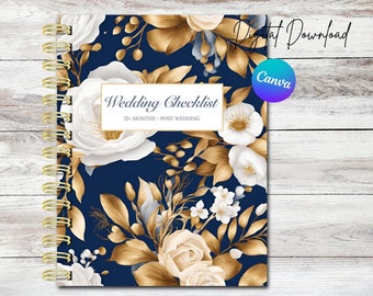 May include: A blue and gold floral wedding checklist planner with a gold spiral binding. The cover features white flowers and gold leaves. The text on the cover reads "Wedding Checklist 12 Months - Post Wedding".