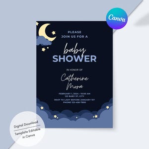 Stars and Moon Baby Shower Invite Template | Editable & Printable for the Expectant Parent, Event Planner, Family, and Family Friend.