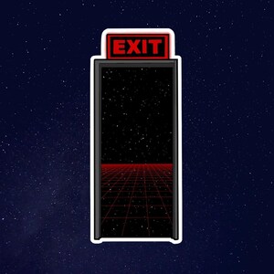 May include: A sticker of a black door with a red "EXIT" sign above it. The door opens to a red and black grid pattern against a black background with white stars.