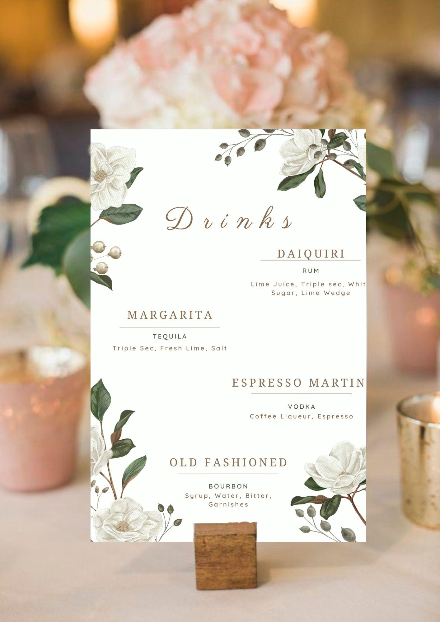 Elegant Custom Drinks Menu Sign ~ A5 Template - Etsy