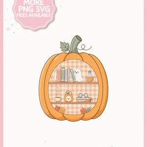 May include: A digital illustration of an orange pumpkin shaped like a bookshelf with a light brown checkered background. The shelves contain books, a small white ghost, a potion bottle, a coffee cup, a pumpkin bucket, glasses, and autumn leaves.