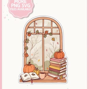 Autumn Fall Bookish Window PNG, Trendy Cute Fall Cozy Season Reader Halloween Bookish Kindle png for Stickers, Bookmarks