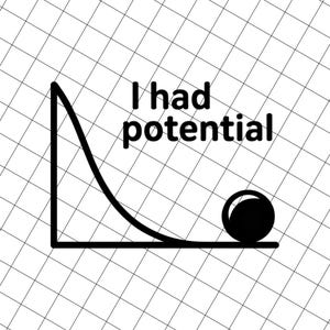 Puede incluir: Gráfico en blanco y negro con el texto «Tenía potencial». La imagen representa un diagrama de una bola rodando por una trayectoria curva, ilustrando un concepto de física sobre un fondo de cuadrícula.