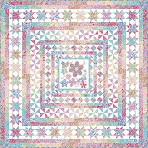 Könnte beinhalten: Ein farbenfroher Quilt mit einem Blumenmuster. Der Quilt besteht aus vielen verschiedenen Quadraten, jedes mit einem anderen Blumendesign. Der Quilt ist von einem Sternensaum umgeben.