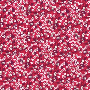 Puede incluir: Una tela roja con un patrón floral blanco. La tela está cubierta de pequeñas flores blancas con centros verdes.