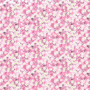 May include: A seamless pattern featuring a pink background with a repeating design of small white flowers with green centres and black stems.