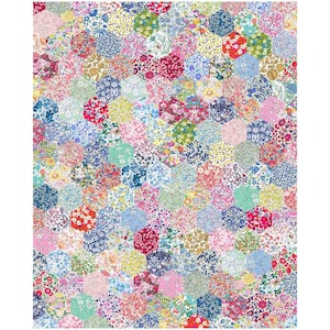 May include: A colorful patchwork quilt with a hexagonal pattern. The quilt is made up of many different fabrics with floral prints in shades of pink, blue, green, and yellow.