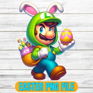 Puede incluir: Un personaje de dibujos animados verde y azul que lleva un disfraz de conejo y sostiene un huevo de Pascua amarillo y rosa. El personaje lleva una cesta de huevos de Pascua coloridos.