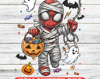 May include: A cartoon illustration of Spider-Man dressed as a mummy, holding a jack-o'-lantern basket filled with candy. The image includes ghosts, bats, and the text "HALLOWEEEN PNG" on a red banner, perfect for Halloween.