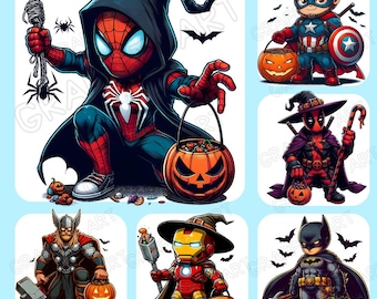 May include: A collection of cartoon illustrations featuring superheroes in Halloween costumes. Spider-Man, Captain America, Deadpool, Thor, Iron Man, and Batman are depicted with jack-o'-lanterns and Halloween-themed accessories. Bats and spiders are also included.