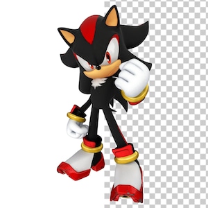 May include: A 3D rendered character of Shadow the Hedgehog, a black hedgehog with red stripes on his quills. He has white gloves, red and white shoes, and gold rings on his wrists and ankles. The character is in a dynamic pose.