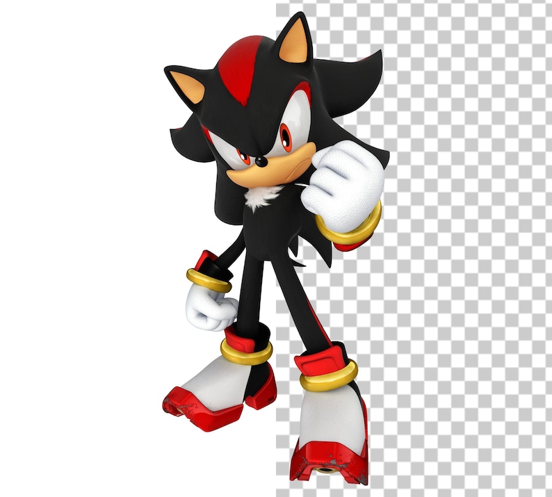 May include: A 3D rendered character of Shadow the Hedgehog, a black hedgehog with red stripes on his quills. He has white gloves, red and white shoes, and gold rings on his wrists and ankles. The character is in a dynamic pose.