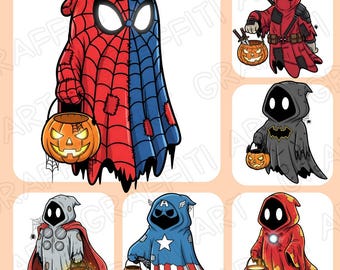 May include: A collection of cartoon ghost illustrations dressed as superheroes and villains. The characters include Spider-Man, Deadpool, Batman, Thor, Captain America, and Iron Man, each holding a jack-o'-lantern. The ghosts are in a Halloween theme.