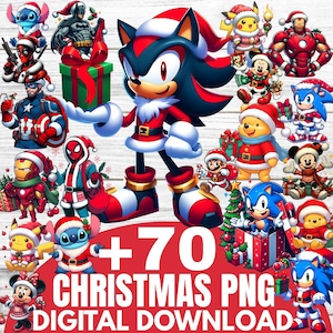 May include: A festive digital download collection of Christmas PNG images. The image features characters such as Sonic, Stitch, and superheroes like Batman and Captain America, all in Santa outfits. The text reads "+70 CHRISTMAS PNG DIGITAL DOWNLOAD".