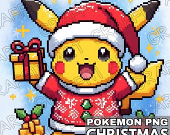 Pixels Christmas Pikachu PNG: Kids Cartoon (Digital Download)
