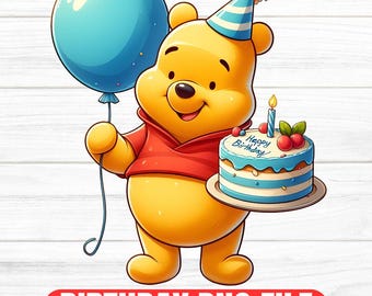 Vintage Winnie the Pooh Birthday PNG Clipart: Cake & Balloon (Digital Download)