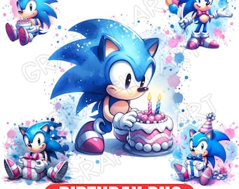 Watercolor Sonic Birthday PNG Bundle: T-Shirt Design, Party Decor (Digital Download)