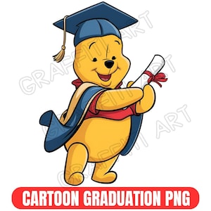 May include: A cartoon illustration of Winnie the Pooh in a graduation cap and gown, holding a diploma tied with a red ribbon. The image has the text "CARTOON GRADUATION PNG" in a red rectangle at the bottom.