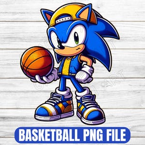 May include: A blue and yellow cartoon character wearing a baseball cap and holding a basketball. The character is wearing blue jeans and yellow sneakers. The background is a white wooden surface.