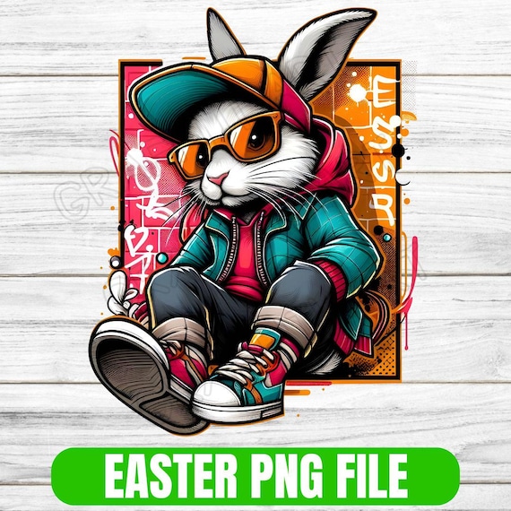 グラフィティイースターバニーPNG：ヒップホップラビットクリップ
