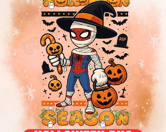 May include: A Halloween-themed graphic featuring a character dressed as Spider-Man in a mummy costume, wearing a witch hat, and holding a pumpkin-shaped candy cane and jack-o'-lanterns. The words "Halloween Season" and "Halloween PNG" are displayed.