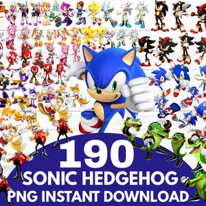 May include: A collection of 190 Sonic the Hedgehog PNG images. The image features various characters from the Sonic universe, including Sonic, Tails, Knuckles, and Dr. Eggman. The characters are in various poses and styles.