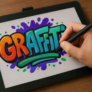 May include: A digital tablet displays the word "GRAFFITI" in vibrant orange, teal, and blue graffiti style. A black stylus is held over the screen, suggesting digital art creation. The background features colorful paint splatters.