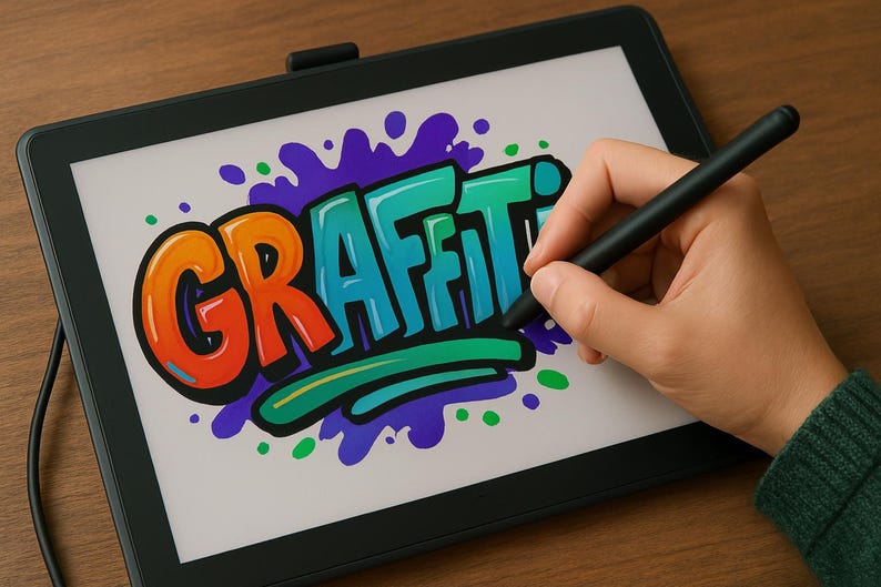 May include: A digital tablet displays the word "GRAFFITI" in vibrant orange, teal, and blue graffiti style. A black stylus is held over the screen, suggesting digital art creation. The background features colorful paint splatters.