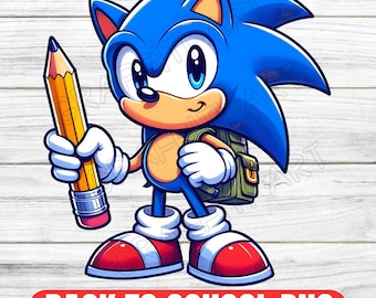 May include: A cartoon illustration of Sonic the Hedgehog holding a large yellow pencil and wearing a backpack. The character is blue with white gloves and red shoes. The text "BACK TO SCHOOL PNG" is in a red banner at the bottom.