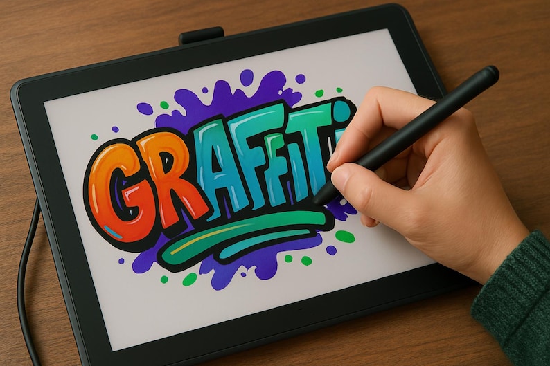 Peut inclure: Une main utilise un stylet pour dessiner le mot "GRAFFITI" en lettres color&eacute;es et en forme de bulles sur une tablette de dessin num&eacute;rique.