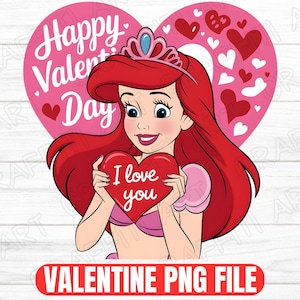 Happy Valentine Day PNG, Princess Ariel png, little mermaid Png, Valentine Day Png, Valentine t-shirt Kids cartoon png, Princess Design