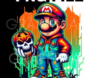 Neon Mario Halloween Graffiti T-Shirt Design (Digital Download)