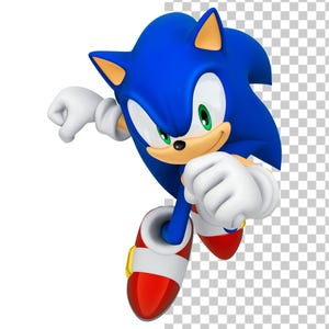 May include: A 3D rendering of Sonic the Hedgehog, a blue anthropomorphic hedgehog. He is depicted in a running pose with white gloves, red shoes with white cuffs, and a yellow buckle. His eyes are green, and his mouth is smiling.