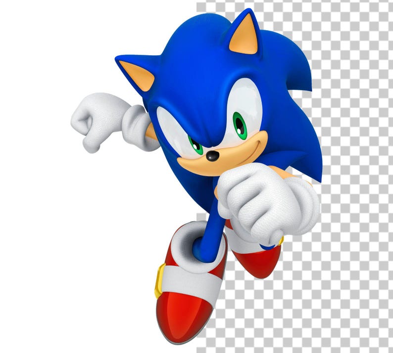 May include: A 3D rendering of Sonic the Hedgehog, a blue anthropomorphic hedgehog. He is depicted in a running pose with white gloves, red shoes with white cuffs, and a yellow buckle. His eyes are green, and his mouth is smiling.