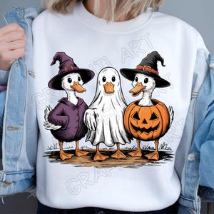 May include: White sweatshirt featuring three cartoon ducks dressed for Halloween. One duck wears a witch hat and purple cloak, another is in a ghost costume, and the third is inside a carved pumpkin.