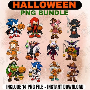May include: A digital Halloween PNG bundle featuring 14 character illustrations. The characters are dressed in Halloween costumes and holding jack-o'-lanterns. The text "HALLOWEEN PNG BUNDLE" and "INCLUDE 14 PNG FILE - INSTANT DOWNLOAD" are displayed.