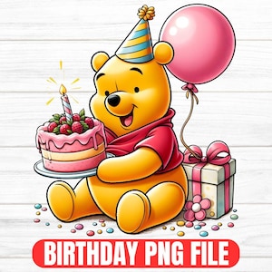Classic Winnie the Pooh Birthday Clipart, Vintage Pooh Bear PNG, Digital Download for Sublimation, Pooh Bear Png Design, Kids Stickers Png
